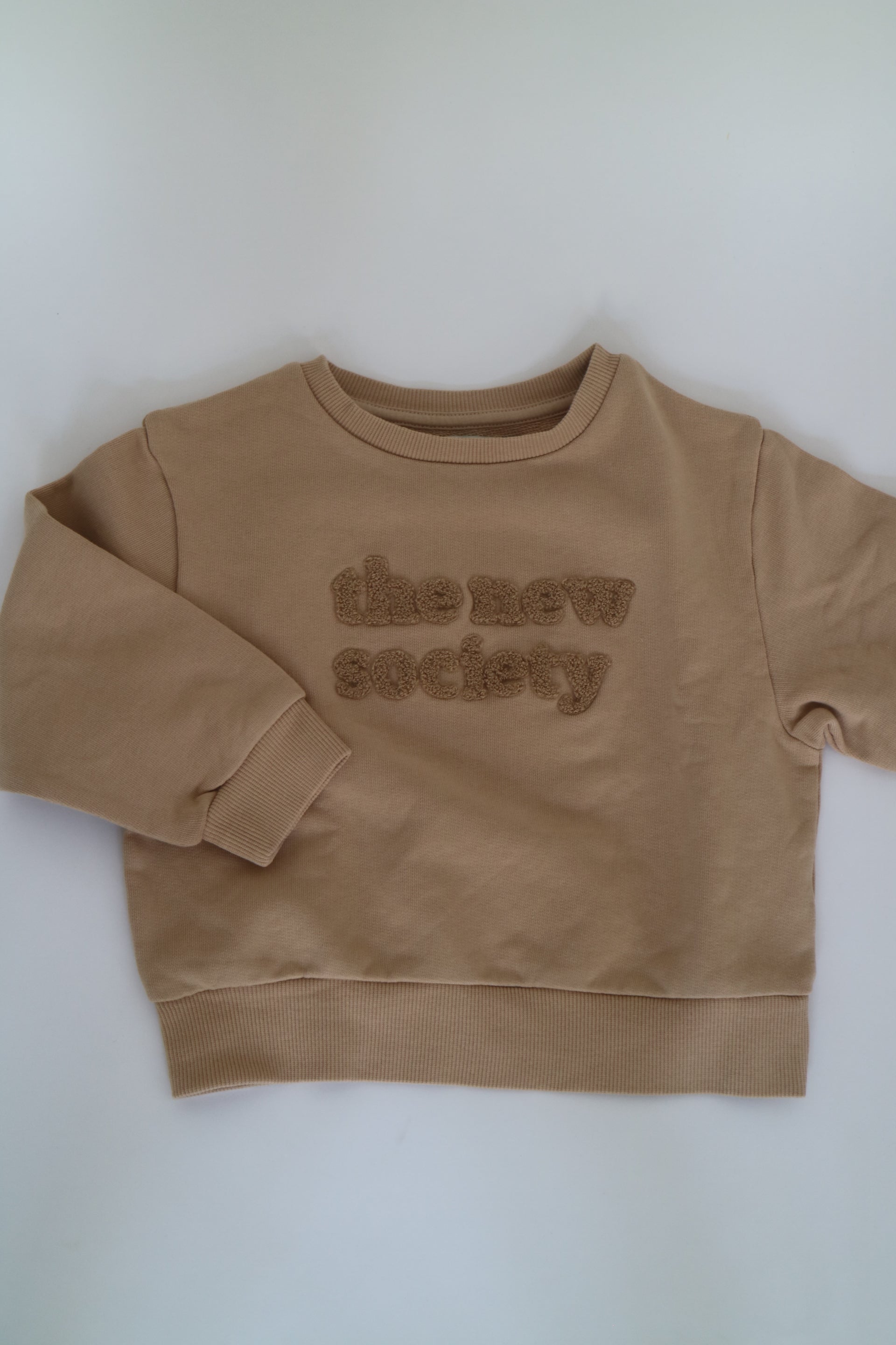 Beige sweatshirt i beige från The New Society, färg Camel. Logo med The New Society i teddy material.&nbsp;