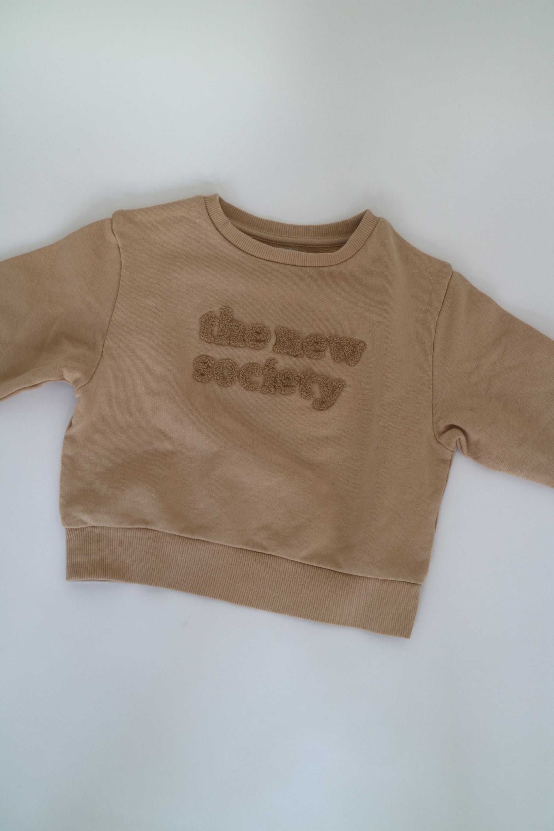 Beige sweatshirt i beige från The New Society, färg Camel. Logo med The New Society i teddy material.&nbsp;